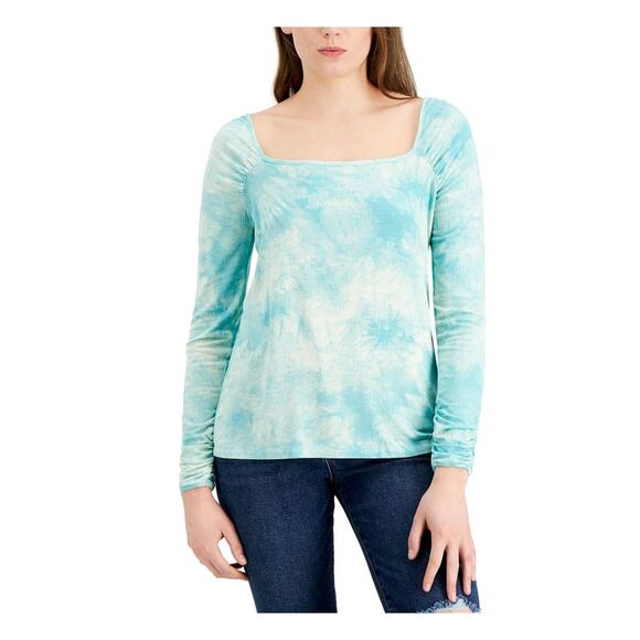 FEVER Tops - FEVER Womens Green Ribbed Tie Dye Long Sleeve Square Neck Top XS